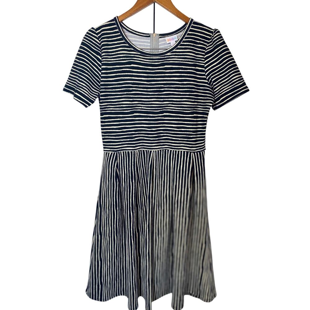 LuLaRoe Black & White Striped Flare Dress L • Zip Back • 40”